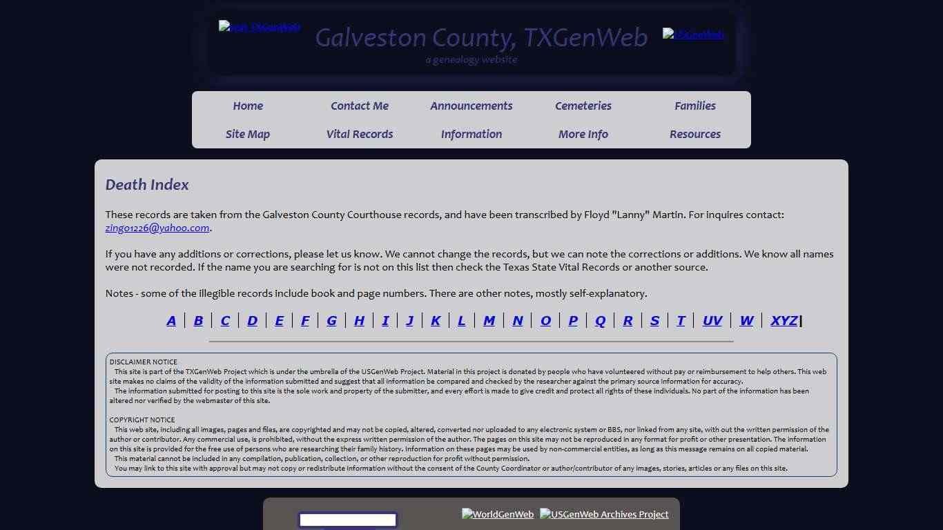 Death Index, Galveston County, TXGenWeb