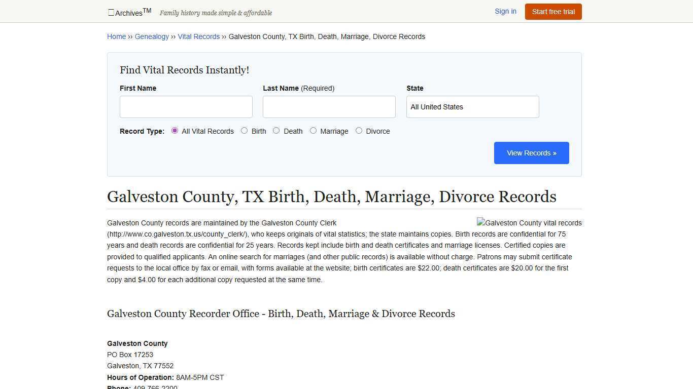 Galveston County, TX Birth, Death, Marriage, Divorce Records