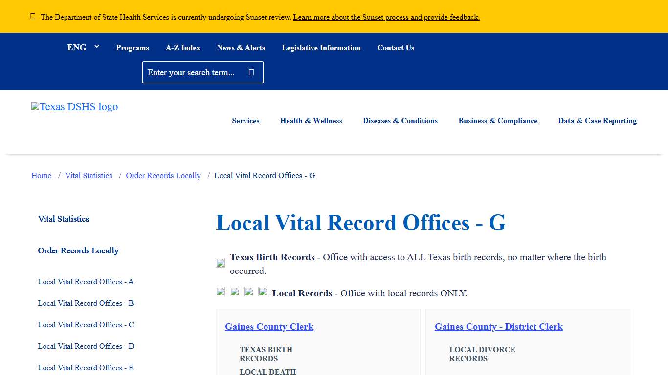 Local Vital Record Offices - G | Texas DSHS